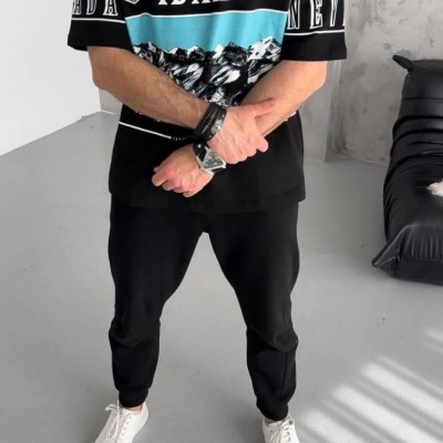 Erkek  Baskılı Yarım Fermuarlı  Kısa kol T-Shirt - Siyah